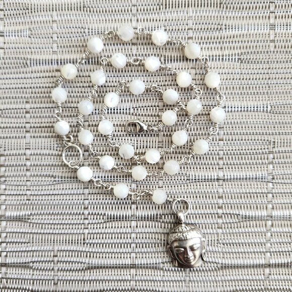 MOTHER OF PEARL NECKLACE WITH STERLING SILVER BUDDHA PENDANT - Picture 6 of 6